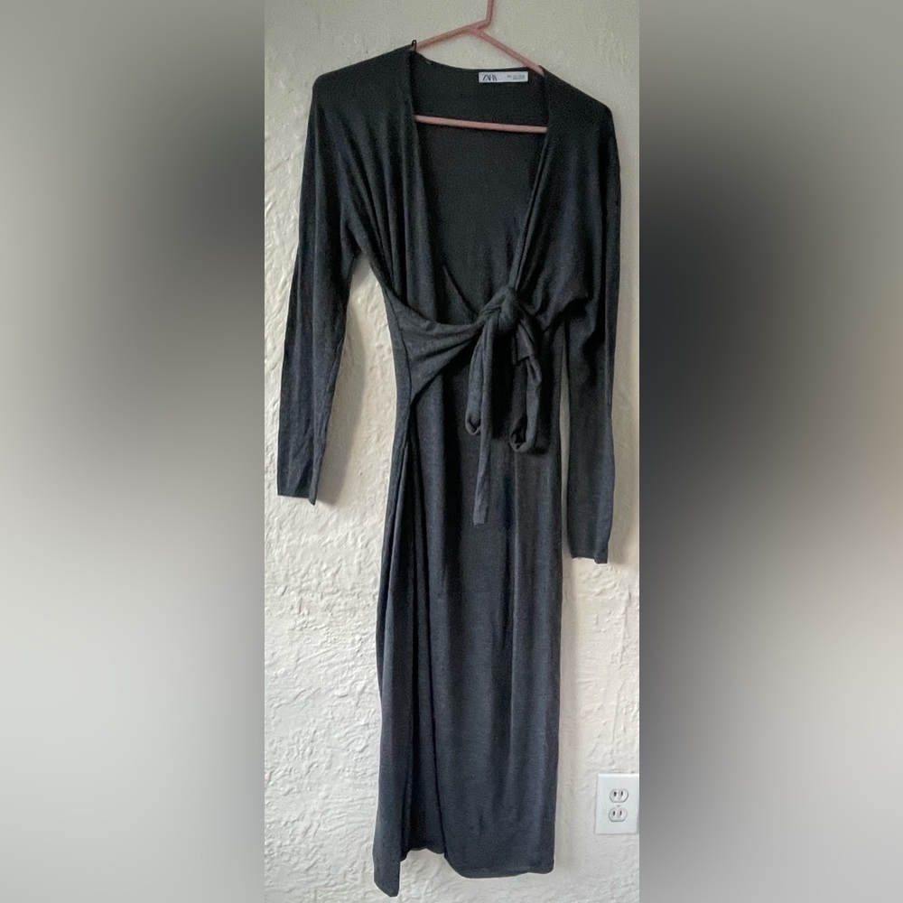 Zara Wool Blend Knit Tie Waist Wrap Midi Dress Gray Light Knit; size L